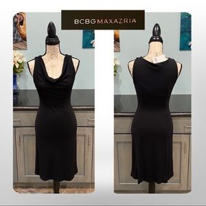 BCBG Maxazria | Sleeveless Draped Black Dress | Cascading Neckline | NWT | XS